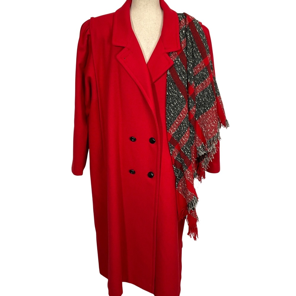 Lady Suzette Coat Womens 2XL Red Double Breasted Long Andover Scarf Wool 80s USA